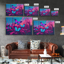 Load image into Gallery viewer, Beautiful butterfly art, vaporwave aesthetic pastel art, framed canvas print, synthwave art
