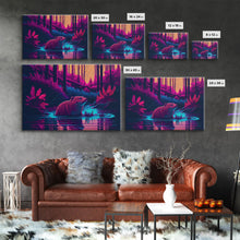 Carregar imagem no visualizador da galeria, Cute beaver in a river, pink vaporwave art, animal  prints, framed canvas print, framed wall art
