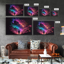 Cargar imagen en el visor de la galería, Contemplating the Universe, retro style space art, framed canvas print, synthwave space decor

