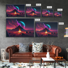 Load image into Gallery viewer, Campfire under a Full Moon, Framed canvas print, retro synthwave / outrun style primitive home decor
