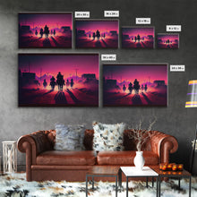 Load image into Gallery viewer, Retro Synthwave Style Post-Apocalyptic Cowboys, framed canvas print, retro outrun style wild west art

