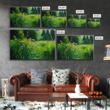 Load image into Gallery viewer, Beautiful field of wildflowers, Emerald green watercolor, framed canvas print, living room wall decor
