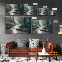 Cargar imagen en el visor de la galería, Colorful Watercolor Art, Framed Canvas Print, unique wall art, framed wall art, Landscape watercolor, Beams of Sunlight piercing the canopy
