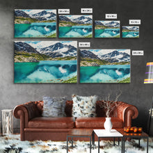 Load image into Gallery viewer, Watercolor painting canvas print of a mountain lake landscape, framed canvas print, framed wall art
