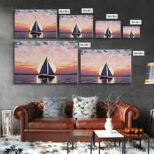 Load image into Gallery viewer, Sailing Under a Stained Glass Sky, Framed Canvas Print, Canvas Art, Nautical Art Deco Style Sunset Art
