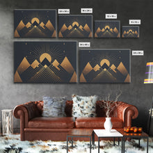 Carregar imagem no visualizador da galeria, Art Deco Style Mountain landscape at Sunset, Framed Canvas Print, Large Format Wall Art, Huge Wall Decor, Black and Gold
