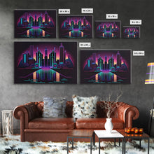 Cargar imagen en el visor de la galería, Retro Style Synthwave Wireframe City, Outrun Style, Framed Canvas Print, 80s Vibes Art
