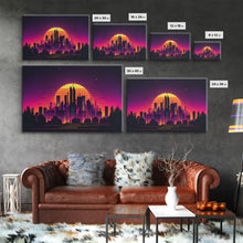Load image into Gallery viewer, Outrun Style Futuristic Cyberpunk City Skyline at Sunset, Concept art, framed canvas print, dystopian art
