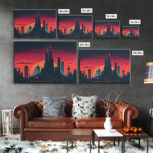 Load image into Gallery viewer, Outrun Style Pixel Art Futuristic Cyberpunk City Skyline at Sunset, Concept art, framed canvas print, dystopian art
