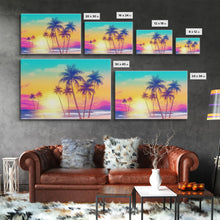 Load image into Gallery viewer, Colorful sunset Wall art, Framed Canvas Print, Synthwave Style, Guest room art, Pop Art Style, Watercolors, Beautiful art, Tropical Art
