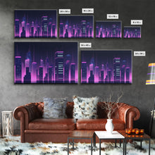 Cargar imagen en el visor de la galería, Big City Wall Art | Framed Canvas Print | Living room art | Office decor | Buildings | Outrun Style | Landscape | Night | Pop Art | City
