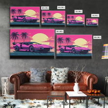 Cargar imagen en el visor de la galería, Classic sport car Wall Art, Framed Canvas Print, Guest room art, Beautiful sunset, Synthwave Style, Pink Colors, Pop Art Style, Tropical art
