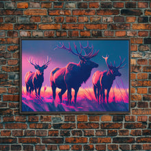 Load image into Gallery viewer, Vaporwave landscape, Elk in the plains at sunset, framed canvas art, canvas print, framed wall art
