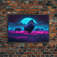Load image into Gallery viewer, American Buffalo, Retrowave art, herd of Bison and a full moon, framed canvas print
