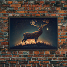 Load image into Gallery viewer, Deer made of stars, reflection stag, framed canvas print, unique wall art
