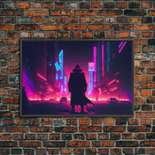 Load image into Gallery viewer, Cyberpunk City, Neon synthwave dystopian art, framed canvas print
