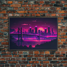 Load image into Gallery viewer, Cyberpunk San Francisco, Futuristic city skyline art, framed canvas print,  Synthwave / vaporwave cityscape decor
