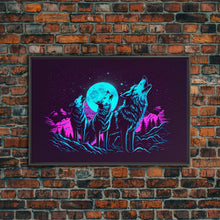 Load image into Gallery viewer, Howl at the moon - turquoise wolf pack howling at the moon, framed canvas print, vaporwave art
