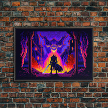 Load image into Gallery viewer, 8 bit Pixel art, RPG video game concept art, Paladin faces the Dragon, synthwave style, framed canvas print
