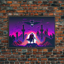 Load image into Gallery viewer, Barbarian vs Vampires, pixel art, DND RPG concept art, vaporwave aesthetic gamer room art, framed canvas print
