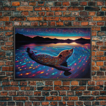 Carregar imagem no visualizador da galeria, Cute beaver swimming at midnight, vaporwave aesthetic animal print art, starry night beaver, framed canvas print
