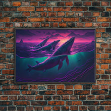 Load image into Gallery viewer, 3 Blue Whales Breaching at Sunset, vaporwave synthwave ocean art, framed canvas print

