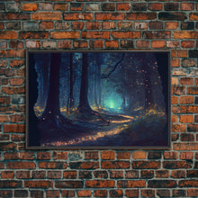 Load image into Gallery viewer, The magical enchanted forest is lit brightly with fireflies at night, framed canvas print, fantasy art
