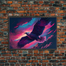 Carregar imagem no visualizador da galeria, Bald eagle in flight, vaporwave aesthetic art, eagle against a pastel sunset sky, framed canvas art, framed print
