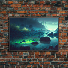 Cargar imagen en el visor de la galería, Bioluminescent glowing river, cool nature watercolor art, framed canvas print
