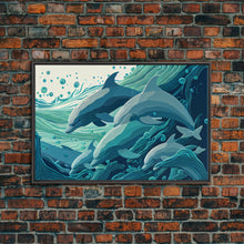 Load image into Gallery viewer, Dolphins in the Ocean, Turquoise dolphin art, framed canvas print, wall art with frame
