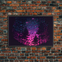 Load image into Gallery viewer, Synthwave Starry Night Time Lapse in a pine tree forest, framed canvas print, timelapse art
