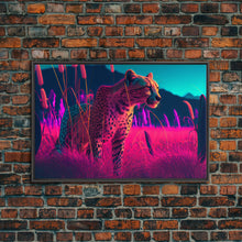 Load image into Gallery viewer, Cheetah on the hunt, vaporwave art, sunset hunter, framed canvas print, framed wall art
