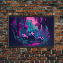 Load image into Gallery viewer, Cute pandas, jungle, framed canvas print, framed wall art, synthwave animal art
