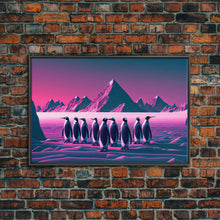 Load image into Gallery viewer, Penguins on the nice, cute animal prints, framed canvas print, synthwave / vaporwave art
