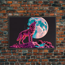 Load image into Gallery viewer, Howl at the moon, wolf art, framed canvas print, synthwave / vaporwave art
