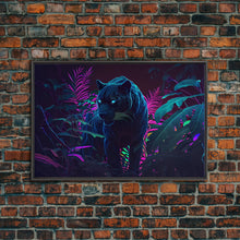 Carregar imagem no visualizador da galeria, Black panther on the hunt in the jungle, glowing blue eyes, synth wave aesthetic art, framed canvas print
