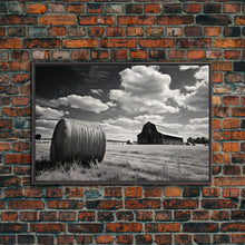 Carregar imagem no visualizador da galeria, Black and White Photo Of a Barn and Hay Bail, Liminal Art, Country Decor, Farmhouse Style Art, Canvas Print
