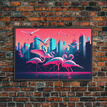 Load image into Gallery viewer, Pink Flamingos, Vaporwave aesthetic style art, framed canvas print, framed wall art
