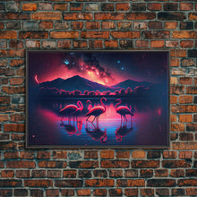Load image into Gallery viewer, Pink Flamingos against a starry night sky, synthwave vibes, framed canvas print, framed art
