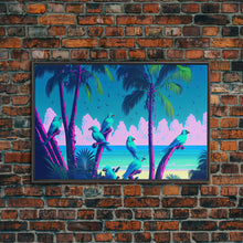 Load image into Gallery viewer, Tropical birds of paradise, synthwave, vaporwave wall art, framed canvas print

