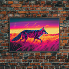 Load image into Gallery viewer, Cute fox in the tall grass, animal print, vaporwave framed canvas print, retrowave animal art
