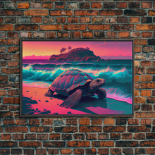 Load image into Gallery viewer, Sea turtle fighting the waves, framed canvas art, synthwave, vaporwave, animal prints
