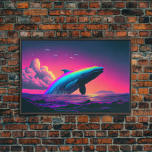 Load image into Gallery viewer, Humpback whale breaching a rainbow, vaporwave art, synthwave animal print, framed canvas print
