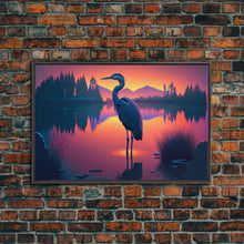 Carregar imagem no visualizador da galeria, A stork standing in a calm lake at sunset, framed canvas print
