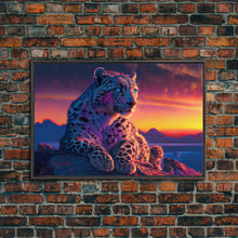 Load image into Gallery viewer, Portrait of a leopard at sunset, vaporwave art, framed canvas print, framed wall art, animal prints
