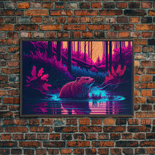 Carregar imagem no visualizador da galeria, Cute beaver in a river, pink vaporwave art, animal  prints, framed canvas print, framed wall art
