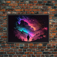 Cargar imagen en el visor de la galería, Contemplating the Universe, retro style space art, framed canvas print, synthwave space decor
