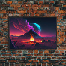 Load image into Gallery viewer, Campfire under a Full Moon, Framed canvas print, retro synthwave / outrun style primitive home decor

