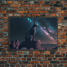 Load image into Gallery viewer, Cheetah overlooking the valley, synthwave retro style animal prints, framed canvas print, framed wall art, starry Africa night sky

