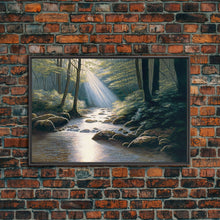 Cargar imagen en el visor de la galería, Colorful Watercolor Art, Framed Canvas Print, unique wall art, framed wall art, Landscape watercolor, Beams of Sunlight piercing the canopy
